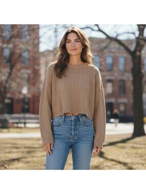 Vintage 90s Judd Heller Cropped Sweater L Tan Viscose Quiet Luxury Made in Franc
